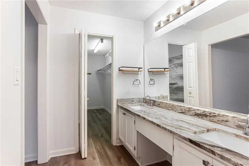 Bathroom with a spacious closet, dark wood-type flooring, double vanity, and a textured ceiling