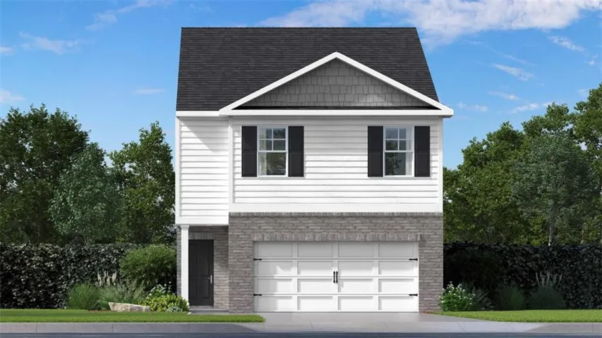 Exterior showcasing a two-car garage, dark gray stone veneer, white horizontal siding, and black window shutters
