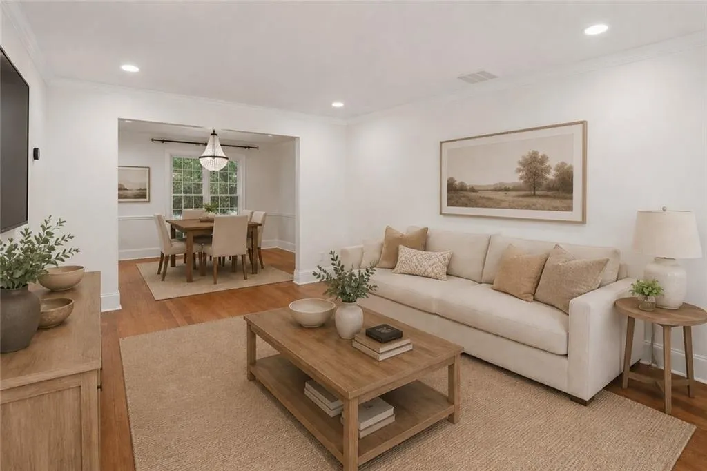 Spacious living area featuring wood-finish flooring, recessed lighting, and an open entryway to a dining space with a window and chandelier