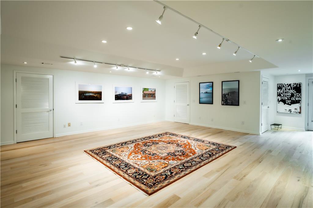 Living room featuring rail lighting and light hardwood / wood-style flooring