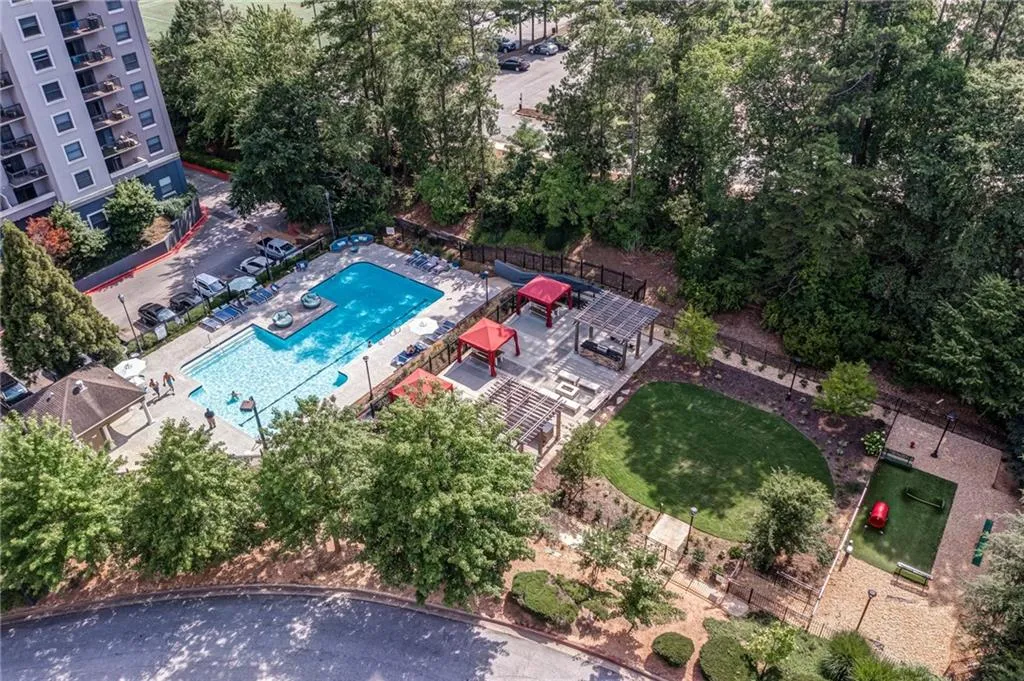 Drone / aerial view of a pool