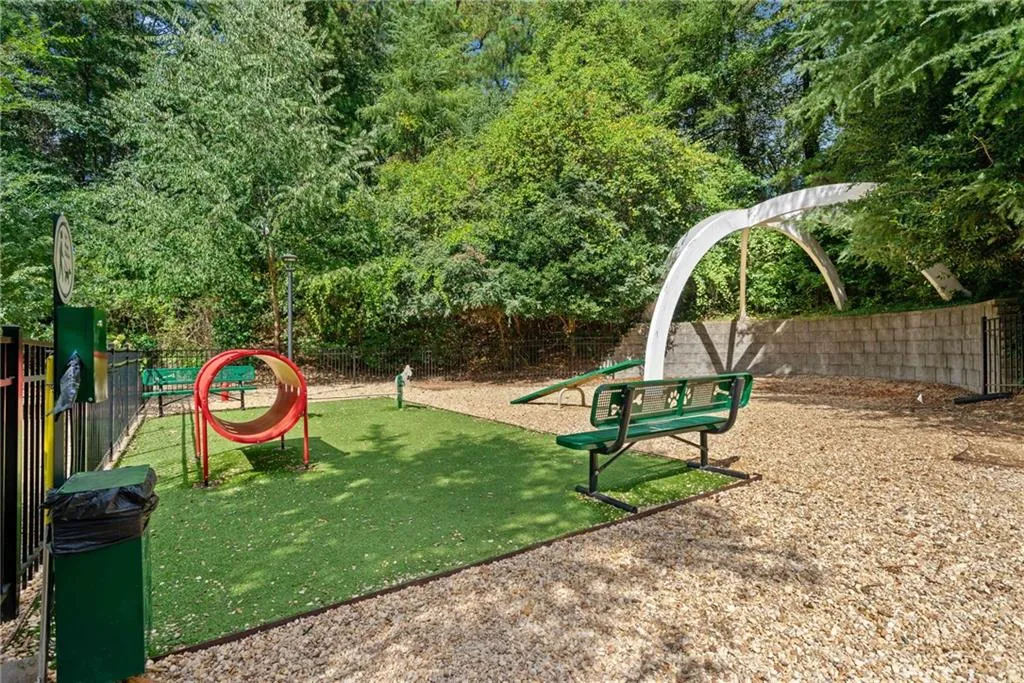 View of jungle gym featuring a dog friendly area