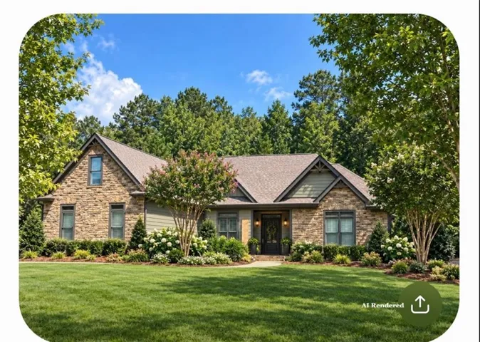 Stone and siding exterior with gabled roof lines, front entry with transom window, and mature landscaping