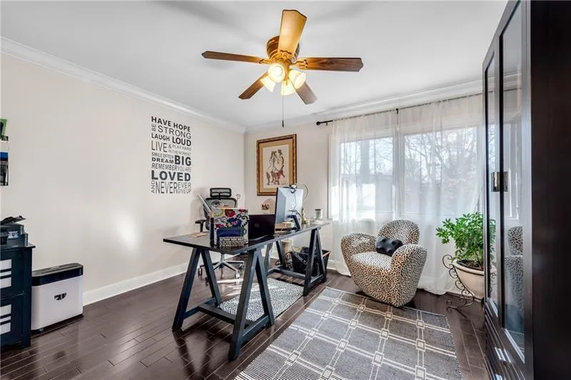 BR#3 with Real Hardwood Floors & Ceiling Fan can double as a Home Office.  It's Adjacent to the Primary Suite &  can easily be converted to a Celebrity-Style, Room-Size Luxury Walk-In Closet.