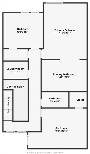 Upper Level with Primary Suite, Two Secondary BRs, Linen Closet and Full-Size Walk-In Laundry.