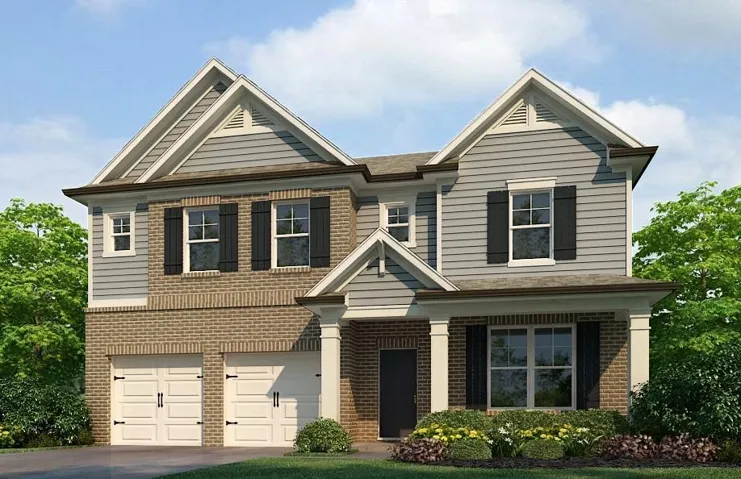Two-story exterior with a mixed material facade, dual gabled rooflines, two-car garage, covered entry with columns, and dark window shutters