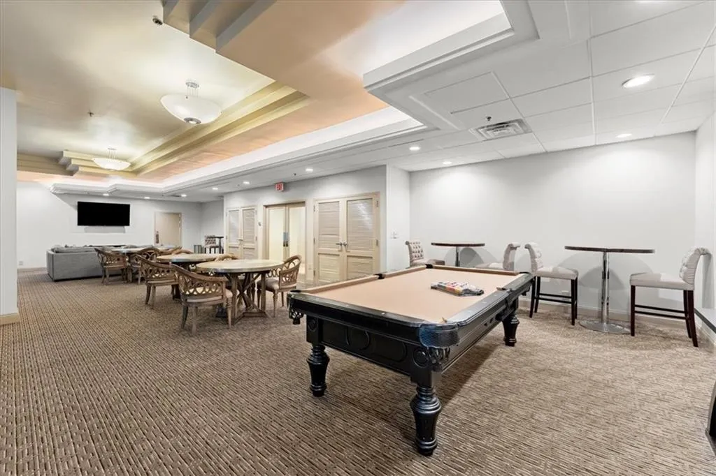 Rec room with billiards table, french doors, and recessed lighting