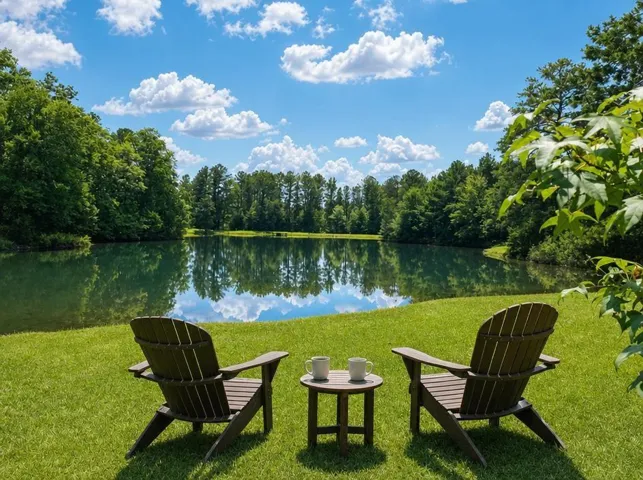 Expansive green lawn with a serene lake feature surrounded by mature trees
