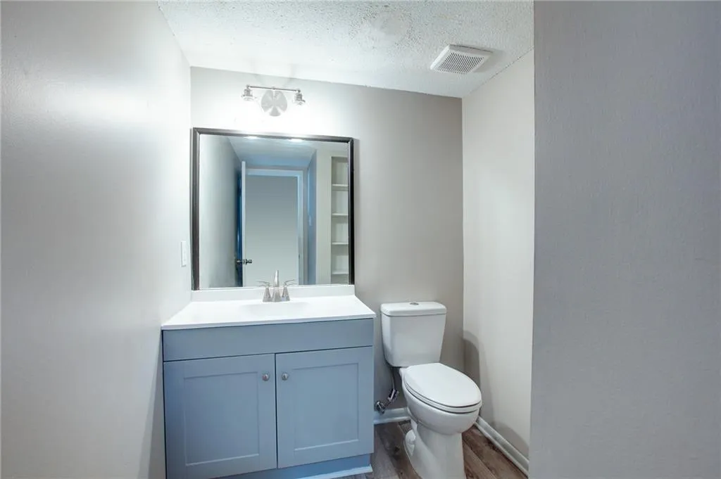 Bathroom featuring vanity, dark wood-style floors, and a textured ceiling