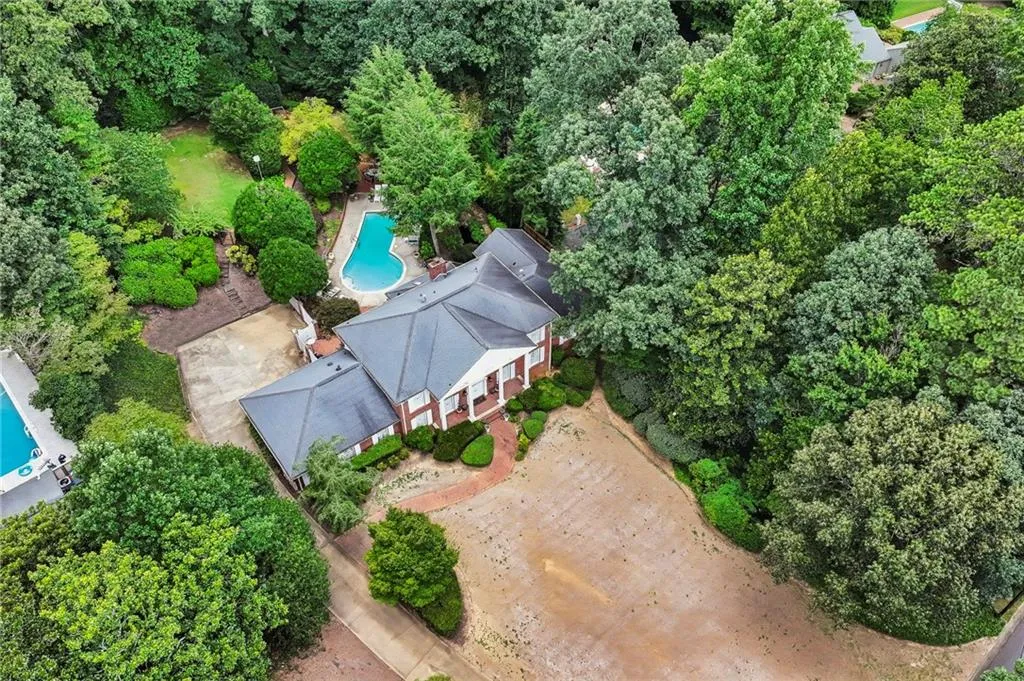 Aerial view of a pool area and a forest