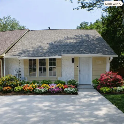 Front exterior featuring a gabled roof, a prominent window with shutters, an AI generated garden, and a concrete drivepad