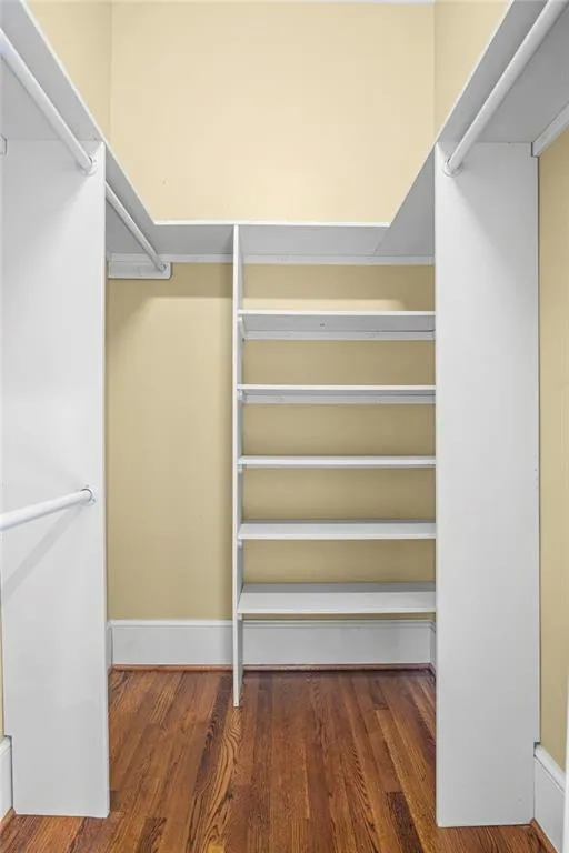 Walk in closet featuring dark wood-style flooring