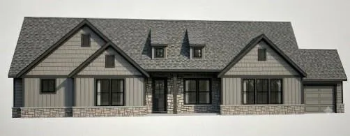 Architectural Rendering, Exterior Elevation. Depicting the property's facade with multiple gables and mixed material finishes
