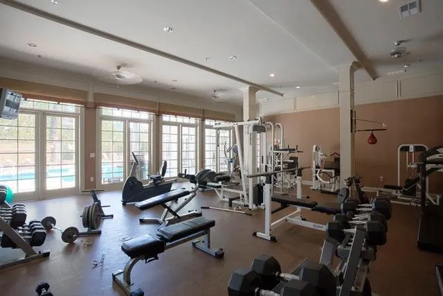 Exercise room featuring ornamental molding, ceiling fan, and decorative columns