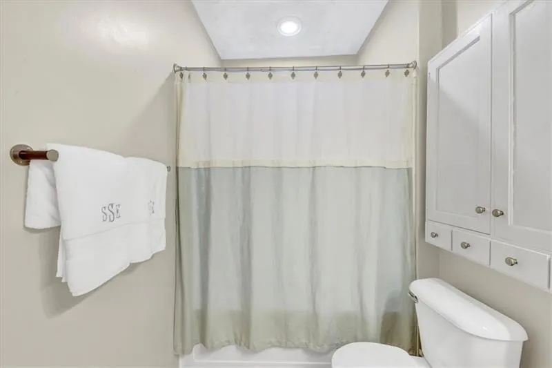 Bathroom with toilet and a shower with shower curtain