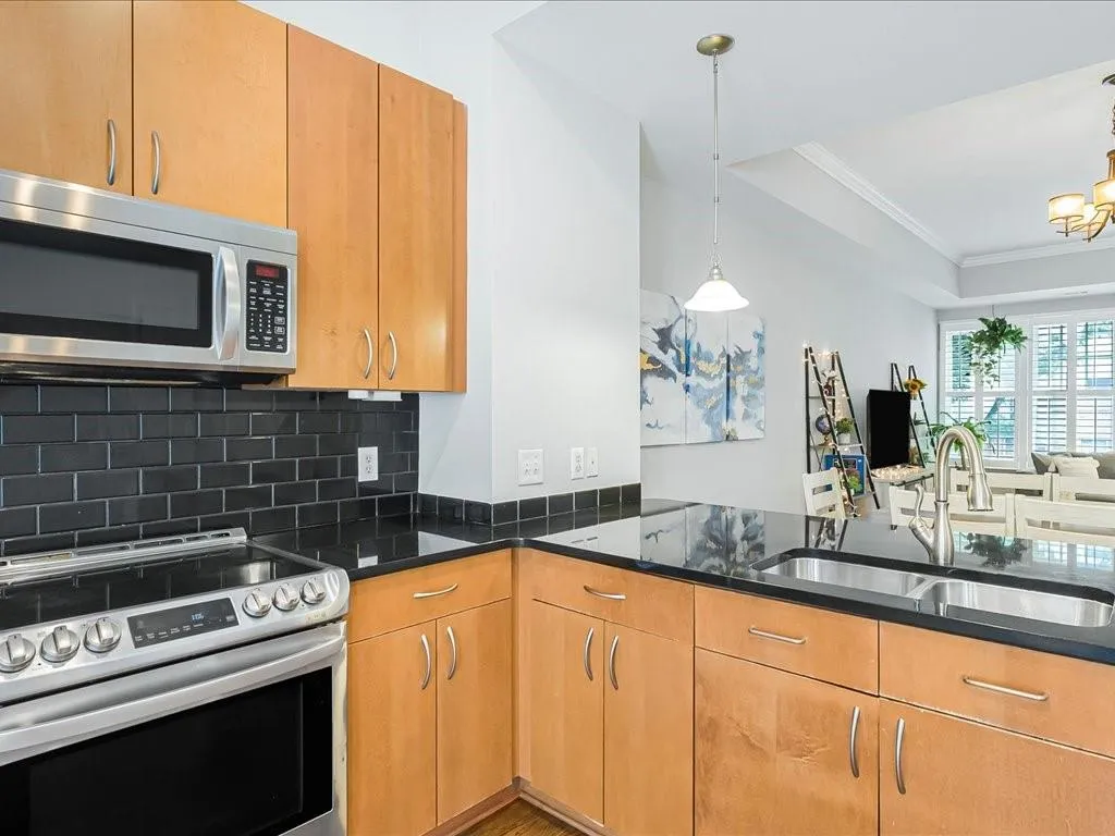 Kitchen featuring stainless steel appliances, dark stone counters, ornamental molding, backsplash, and a tray ceiling