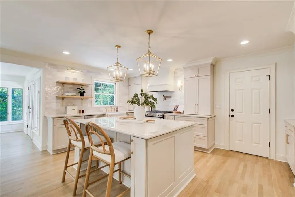 Large quartzite island with Ogee edge & custom lighting.