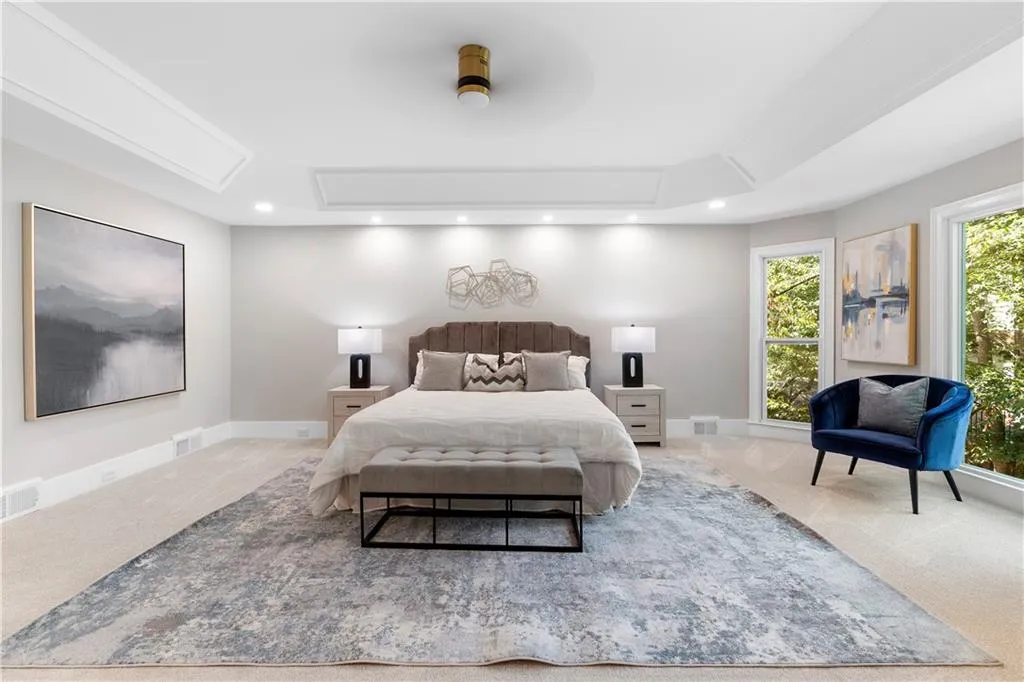 Carpeted bedroom featuring recessed lighting and attic access