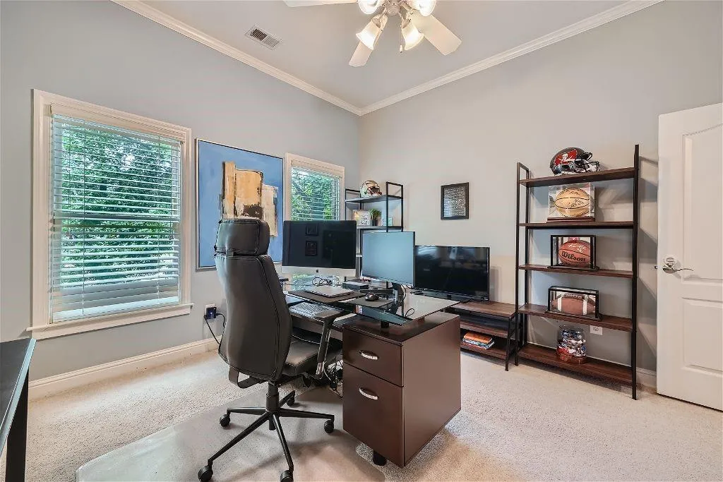 Carpeted office space with ceiling fan, ornamental molding, and a wealth of natural light