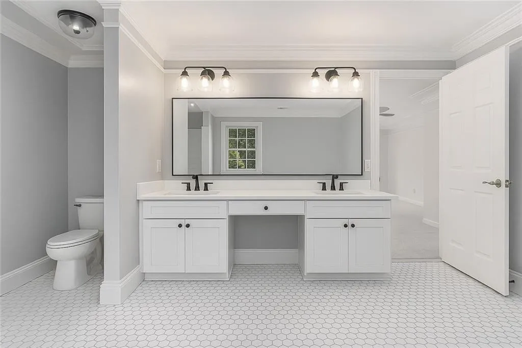 Virtual Image of Bathroom with White Vanity, New Mirror & Lighting