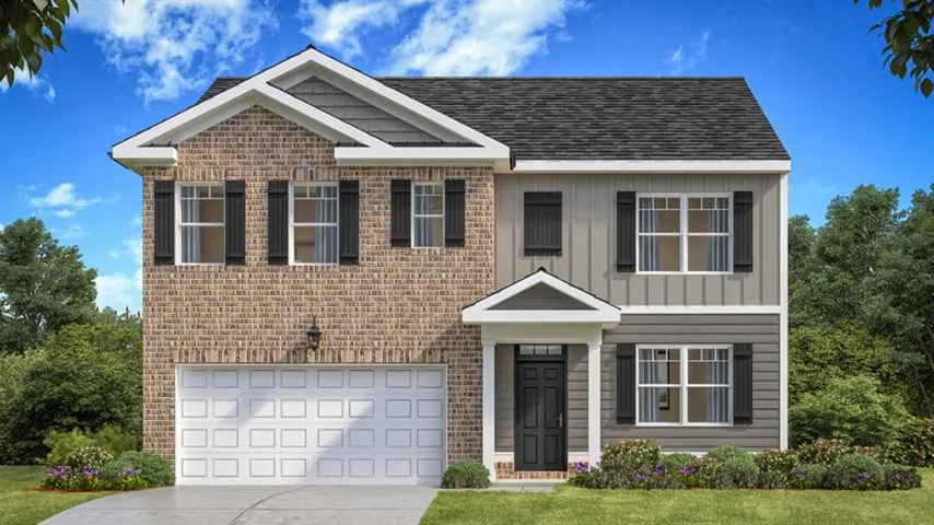 Brick and siding exterior with dark shutters, an attached two-car garage, a covered entry, and a gabled roofline