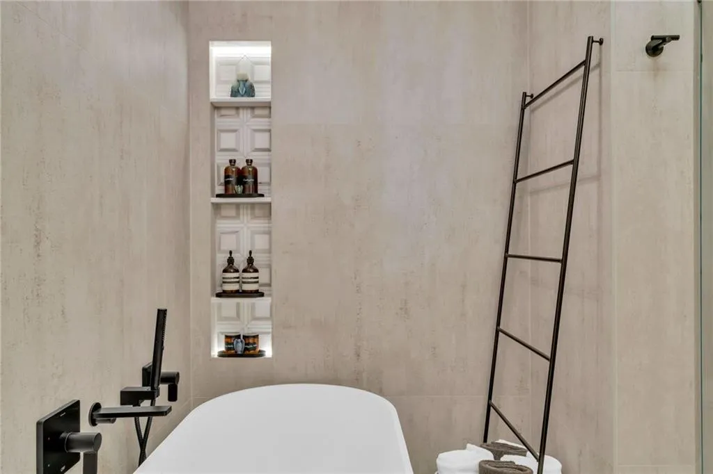 Custom storage nook with moody lighting.