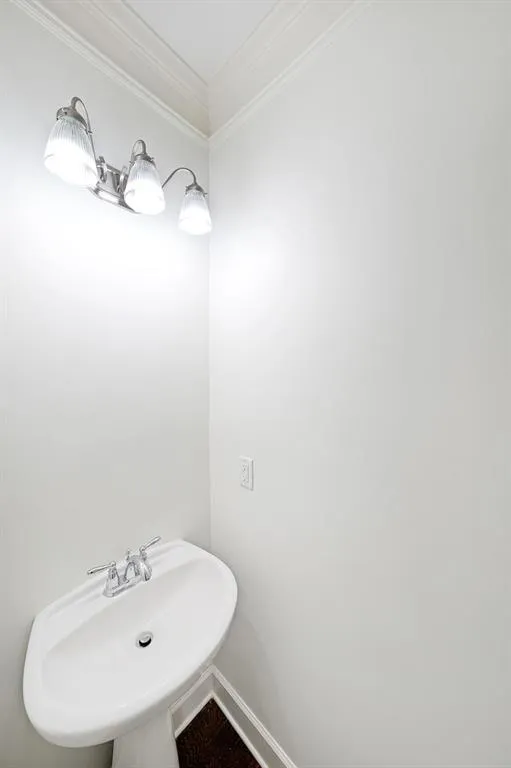 Bathroom featuring crown molding and a sink