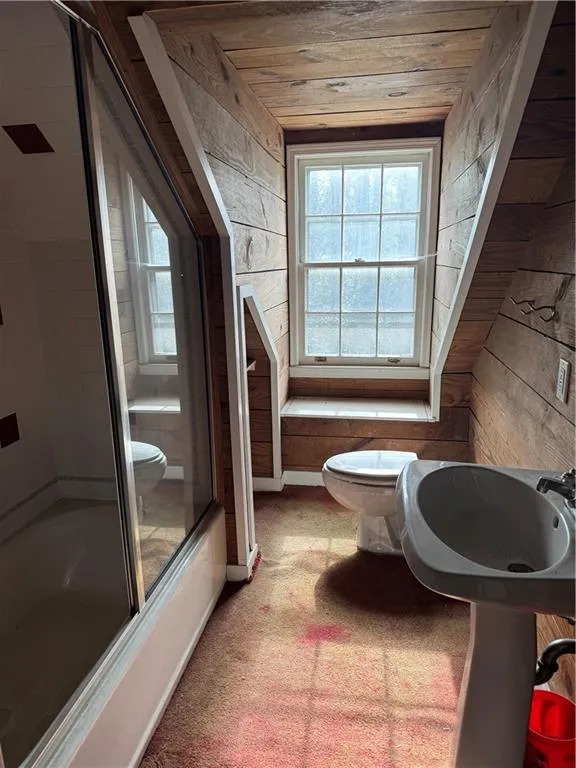 Full bathroom featuring wood ceiling, healthy amount of natural light, wood walls, and enclosed tub / shower combo