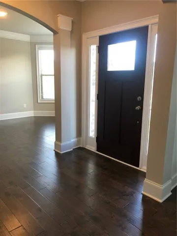 Foyer entrance featuring plenty of natural light, dark hardwood / wood-style flooring, and ornamental molding