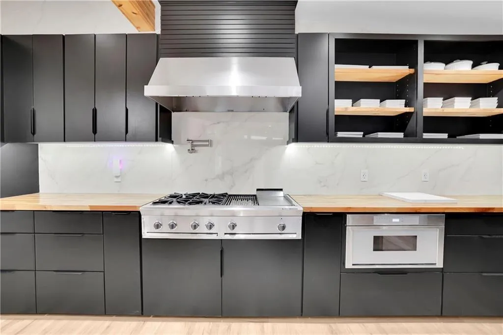 Kitchen with butcher block countertops, dark cabinetry, and backsplash
