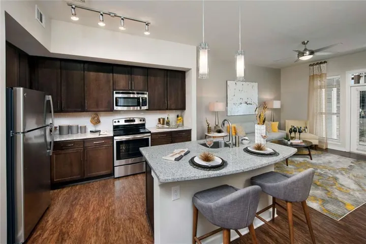 Kitchen with ceiling fan, stainless steel appliances, sink, dark hardwood / wood-style floors, and track lighting