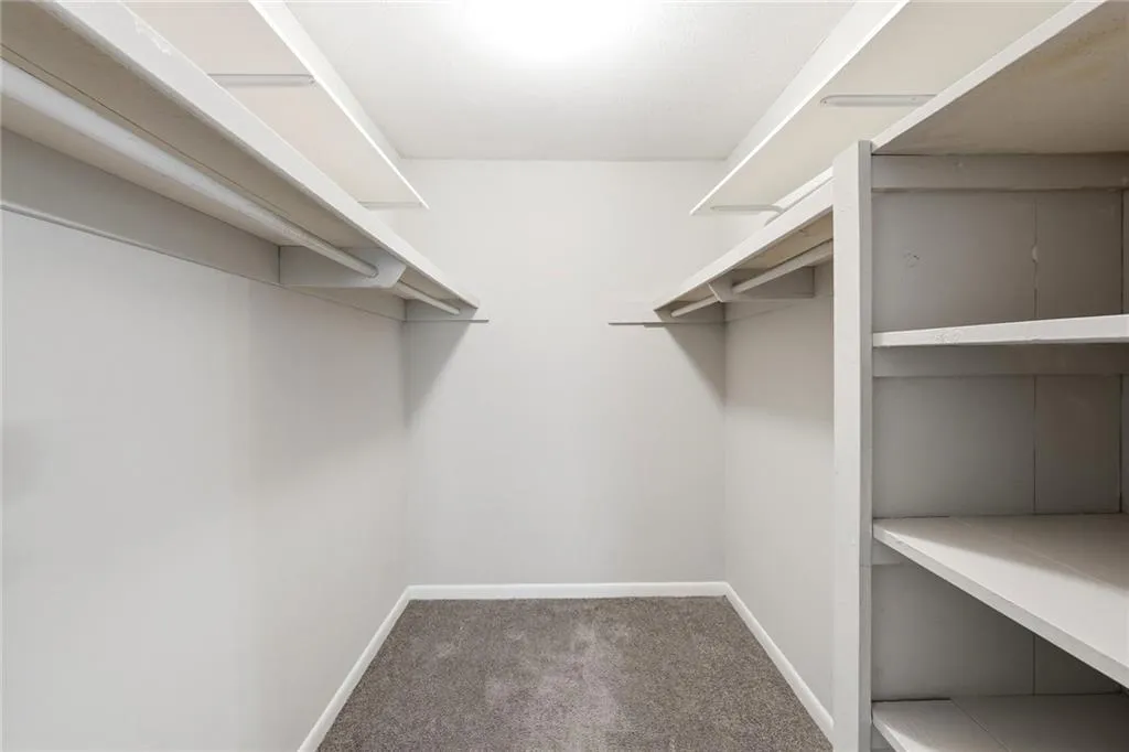 Walk in closet featuring dark colored carpet