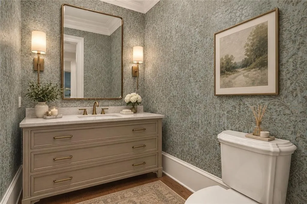 Virtually staged -- NEW VANTIY, MIRROR AND LIGHTING. Furnishings and decor are digitally rendered