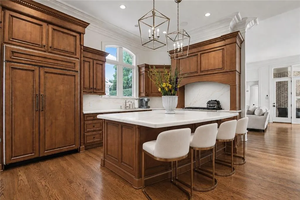 Easy Classic Update Proposal - New white marble countertopsVirtually staged and designed-- Furnishings and decor are digitally rendered