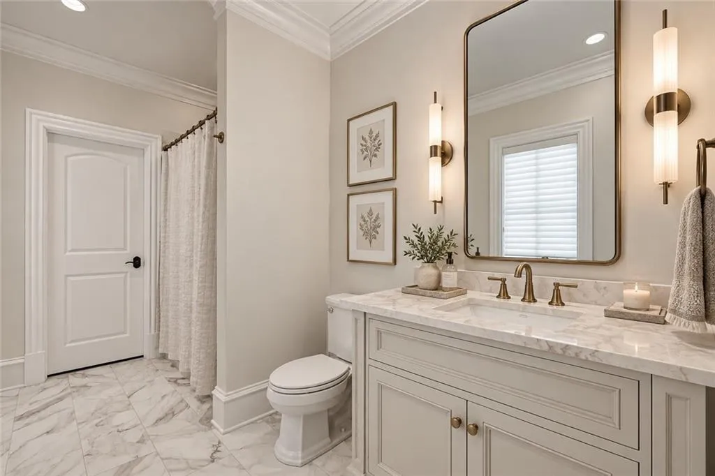 Virtually staged -- EASY UPDATE by painting vanity, changing countertop and lighting. Lighting, Furnishings and decor are digitally rendered