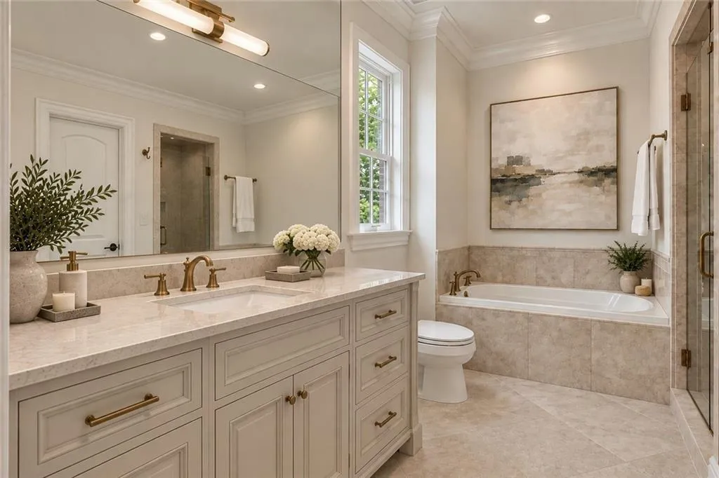 Virtually staged -- Painted vanity, changed countertop, hardware, and lighting only. Furnishings and decor are digitally rendered