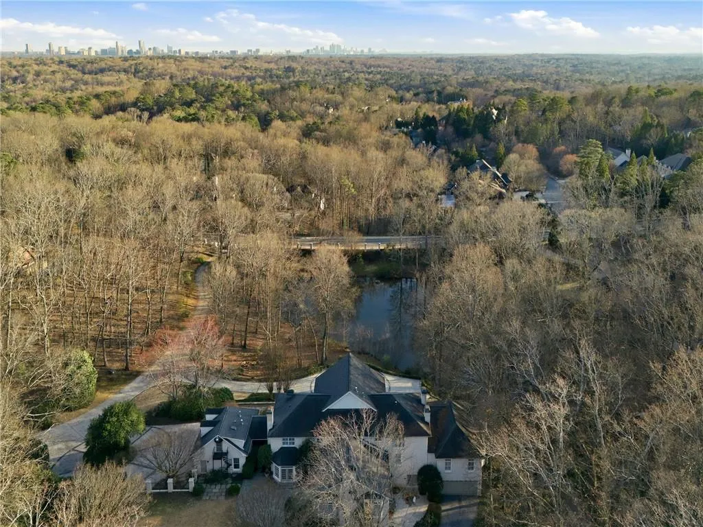 Aerial view of a heavily wooded area
