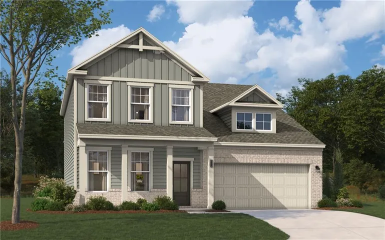 Two-story residence featuring a combination of brick and siding exterior, an attached garage, a covered entry, and pitched shingle roofing