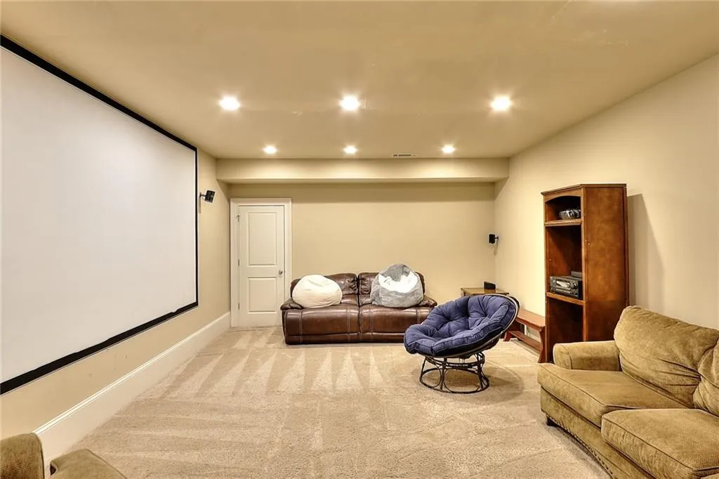 Cinema featuring light colored carpet