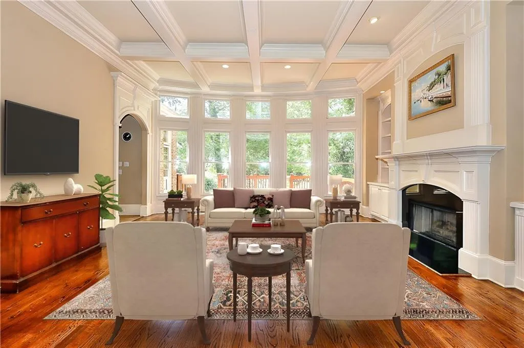 Digitally staged-Living room featuring beamed ceiling, coffered ceiling, and dark hardwood / wood-style floors