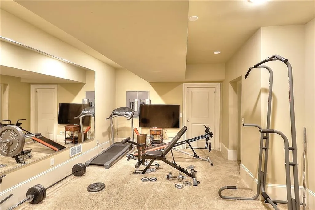Exercise area with light carpet