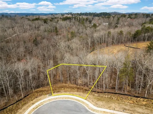 Wooded lot with mature trees, featuring a paved cul-de-sac and concrete curbing