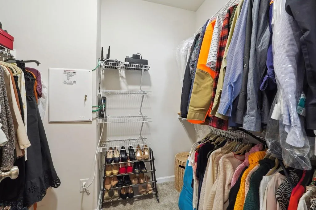 Walk in closet featuring light colored carpet