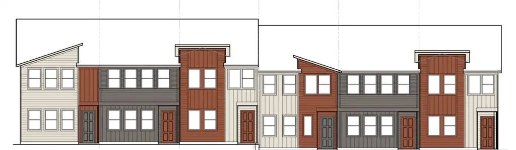 Contemporary townhouse with board and batten siding exteriors. Rendering.