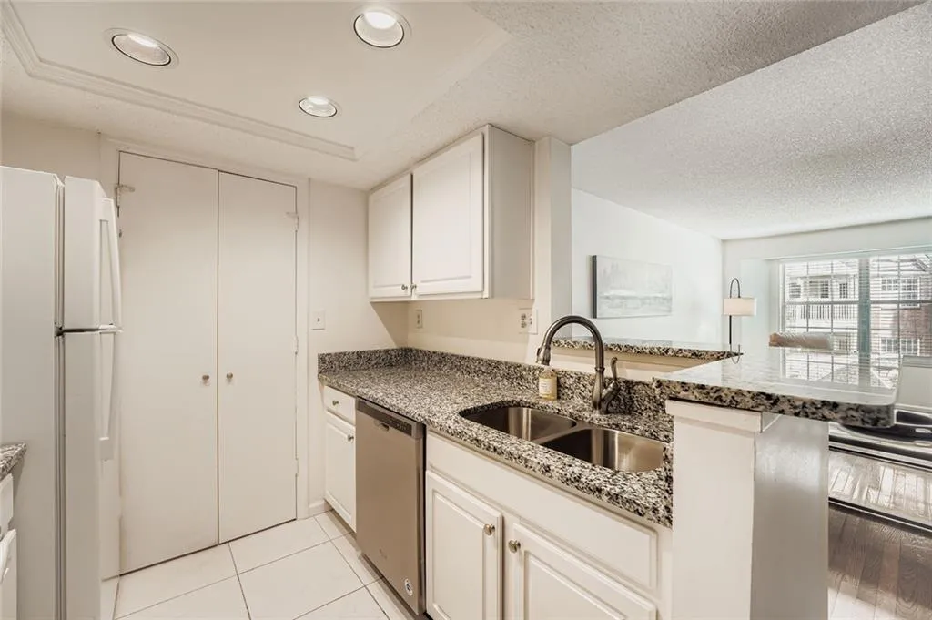 Kitchen with freestanding refrigerator, a tray ceiling, dishwasher, dark stone countertops, and recessed lighting