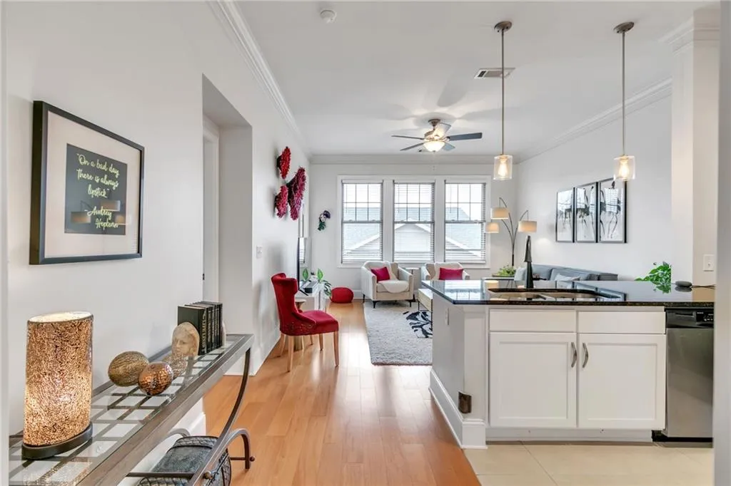 Kitchen overlooks living room