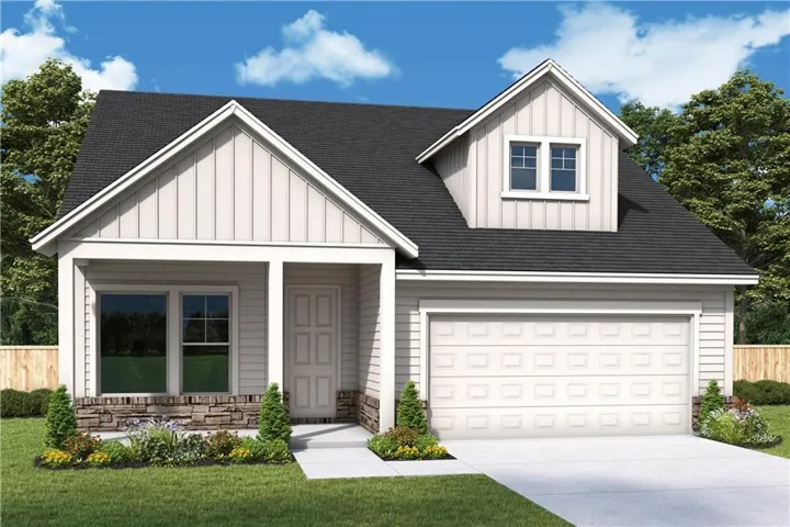 Contemporary home featuring a gable roof, board and batten siding, a single-car garage, stone accents, and a covered porch entry