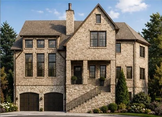 Stone exterior with a prominent chimney, dark-framed windows, a covered entry, and an arched two-car garage