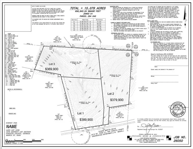 Land Survey Plat. Detailing the surveyed boundaries, area, and lot divisions of the property