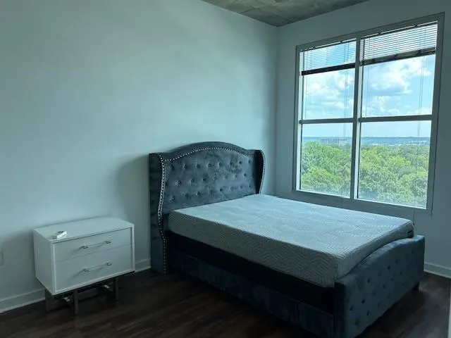Bedroom featuring dark wood-style floors and multiple windows